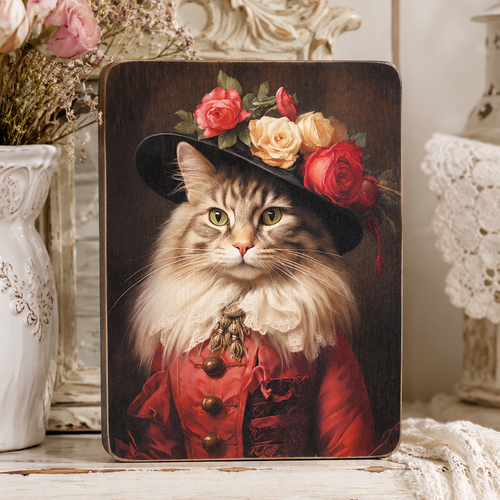 Tableau chat victorien sur bois mdf – portrait félin vintage – décoration cottagecore