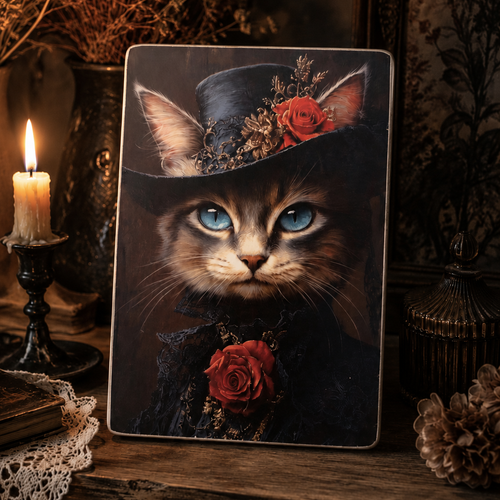 Tableau 14x21cm chat gothique sur bois mdf – portrait félin aux yeux bleus – décoration dark academia
