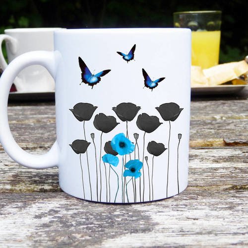 Mug original et personnalisable coquelicot et papillon bleu, céramique, tasses personnalisable classique