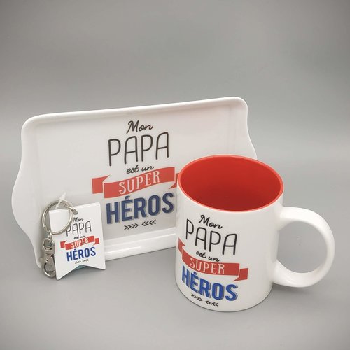 Coffret cadeau papa : contient un mug, un plateau et un porte-clés papa tu es mon héros.