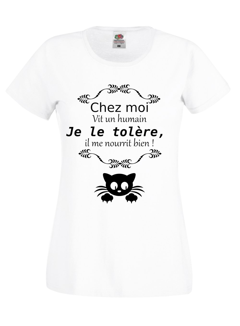 T Shirt Femme Humour Chez Moi Vit Un Humain Je Le Tolere Il Me Nourrit Bien Idee Cadeau Fan De Chat Un Grand Marche