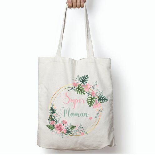 Tote bag personnalisé super maman couronne de fleur, idée cadeau fête des mères, grand-mères, tata ou marraine ....