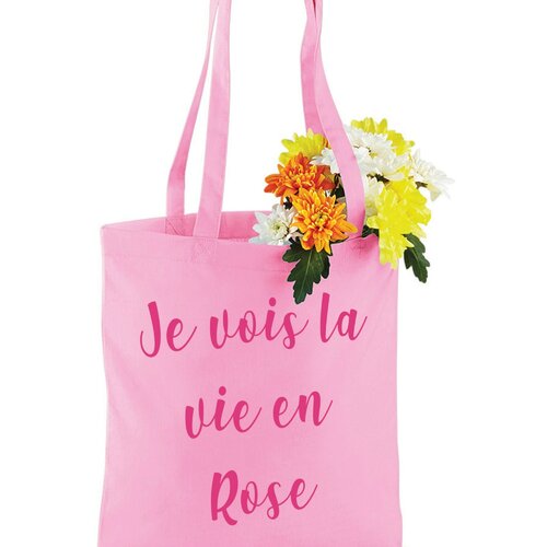 Tote bag personnalisé la vie en rose, idée cadeau , sac shopping, sac en toile, cadeau girly