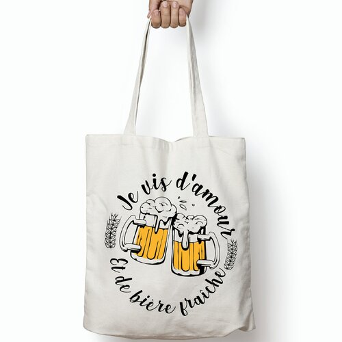 Tote bag personnalisable bière ! tote bag humoristique bière, idée cadeau je vis d'amour et de bière fraîche  ! cadeau accro bière