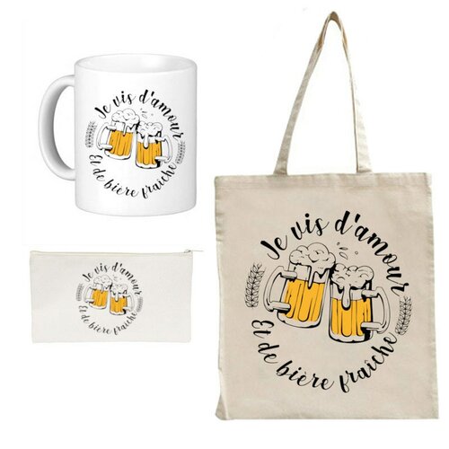 Coffret cadeau humoristique bière : tote bag + trousse + mug je vis d'amour et de bière fraîche !