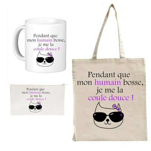 Coffret cadeau humoristique chat  : tote bag + trousse + mug chat !