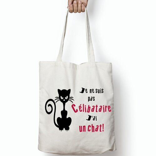 Tote bag personnalisable chat :  je ne suis pas célibataire j'ai un chat,  sac shopping, sac en toile, sac de course, idée cadeau original,