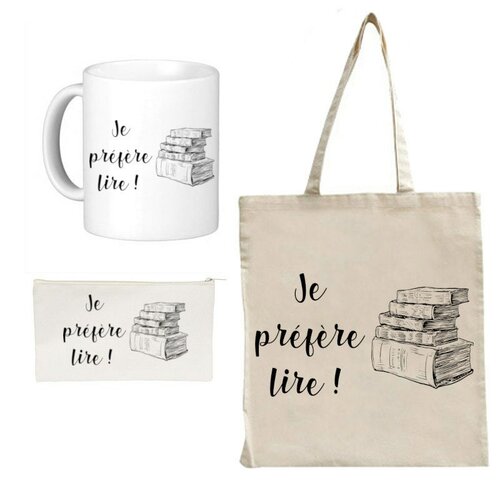 Coffret cadeau humoristique lire : tote bag + trousse + mug je préfère lire !