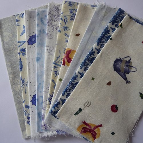 Lot de 10 carres tissus coton - patchwork -  couleur dominante blanche 