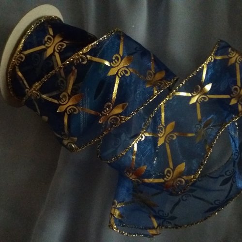Ruban decoration noel bleu transparent, motifs dores