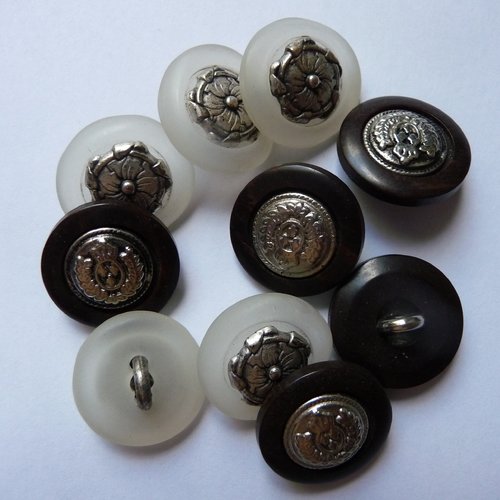 Lot de 10 boutons plastique avec motif central métal argenté - couture, customisation, créations textiles