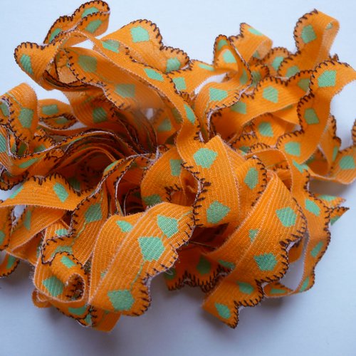 Dentelle fantaisie de 5 m de longueur, couleur jaune orange avec motifs verts - décoration, noeuds, couture, créations textiles