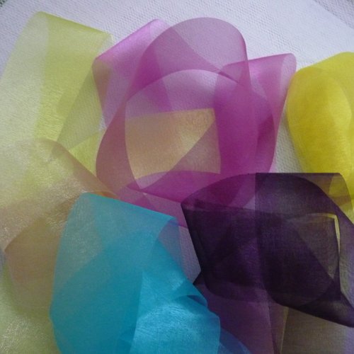 6 rubans organza, 1 m de longueur chacun - couleurs prune, violine, jaune, vert clair, chair, turquoise)