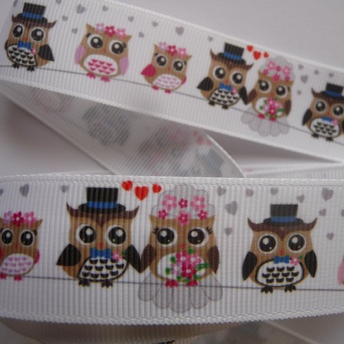 Ruban gros grain blanc avec motifs mariage petites chouettes - couture, customisation, petites finitions, décoration