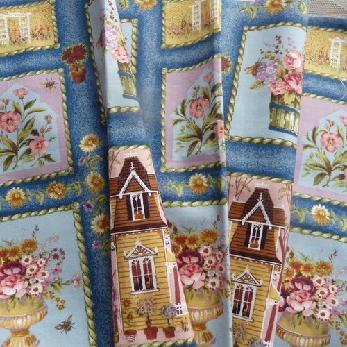 Tissu vignettes maisons san francisco et bouquets de fleurs