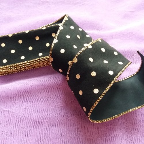 Ruban de fete, aspect velours vert fonce  a pois dores - 2,80 m x 5 cm -  noel - cadeaux, noeuds, decoration