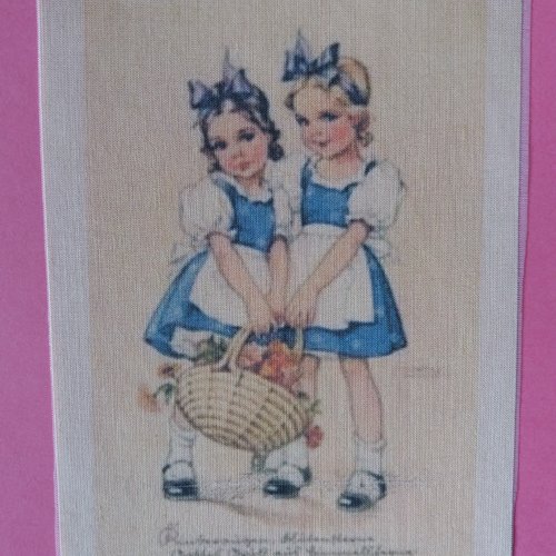 Transfert textile 2 fillettes avec panier fleurs - créations textiles, customisation, collages,