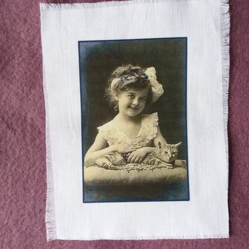 Transfert textile enfant rétro fillette noeud et chat -  vintage - créations textiles, customisation, collages,