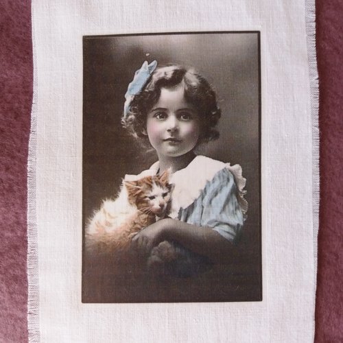 Transfert textile enfant rétro fillette noeud bleu et chat -  vintage - créations textiles, customisation, collages,