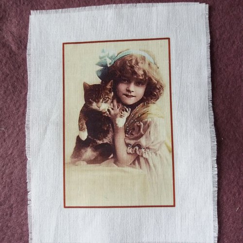 Transfert textile enfant rétro fillette robe jaune, petit chat -  vintage - créations textiles, customisation, collages,
