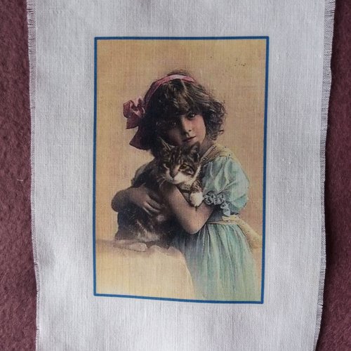 Transfert textile enfant rétro fillette noeud rose, petit chat -  vintage - créations textiles, customisation, collages,