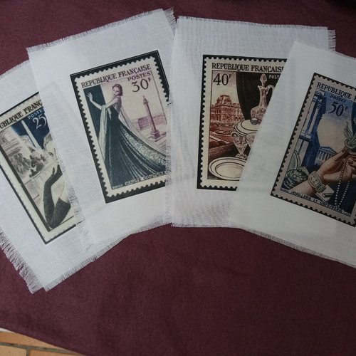 Transfert textile 4 timbres français anciens - créations textiles, customisation, collages, mixed-media, ....