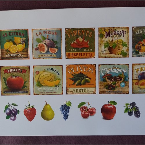 Illustrations plaques métal rétro fruits et légumes - planche adhésive - stickers, autocollants - à découper