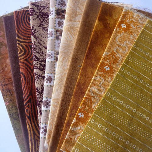 Lot e 10 carres tissus coton,tons marron - jaune - patchwork