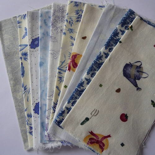 Lot de 10 carres tissus coton - patchwork -  couleur dominante blanche 