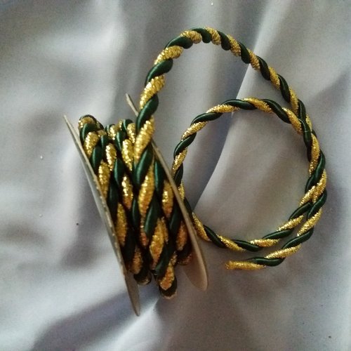 Cordon bicolore torsade vert et dore - 2 m x 6 mm
