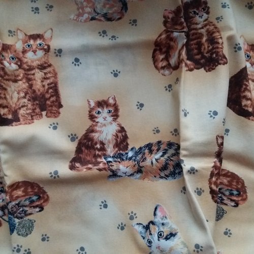 Tissu coton fond jaune avec motifs chats - 115 cm x 55 cm - pour divers travaux textiles, décoration, cartonnage, customisation