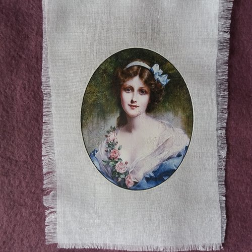 Transfert rétro jeune femme romantique robe bleue, créations textiles, customisation, collages, embellissements, loisirs créatifs