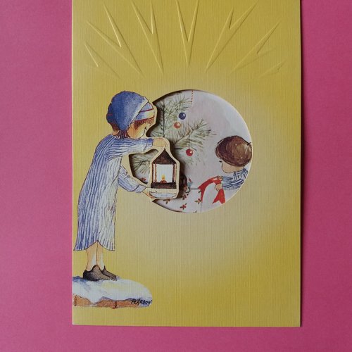 Adorable carte  de voeux, double,  fête de noël, enfant à la lanterne