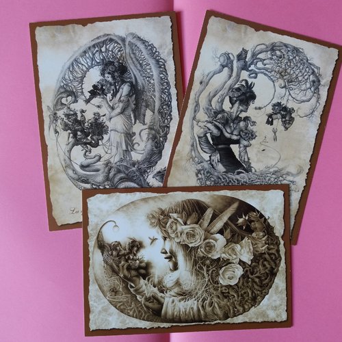 3 cartes univers elfique, illustrations dans les tons sépia