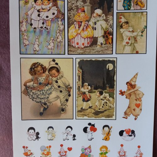Stickers "pierrot et colombine", clowns,  à découper, pour scrapbooking, carterie, collages, mixed-media, home-déco, loisirs créatifs
