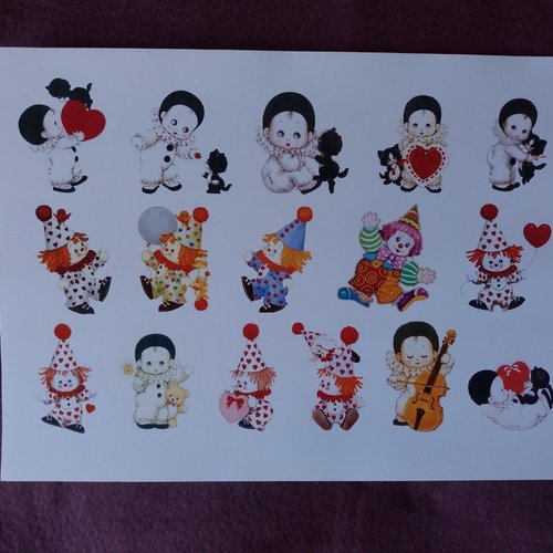 Stickers "enfants clowns, pierrots", à découper, pour scrapbooking, carterie, collages, mixed-media, home-déco, loisirs créatifs