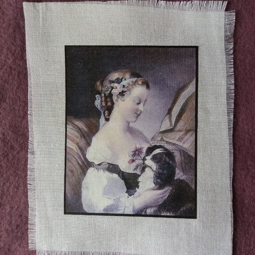 Transfert textile jeune femme romantique avec petit chien, créations textiles, customisation, collages, home-déco, projets créatifs