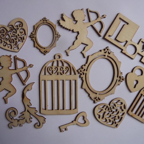 Découpes en bois formes variées pour embellissements, carterie, loisirs créatifs