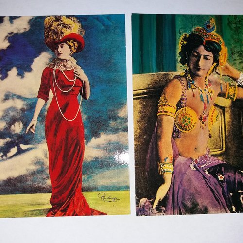 Cartes postales rétro "belle epoque" mata-hari et cécile sorel, carterie, papeterie