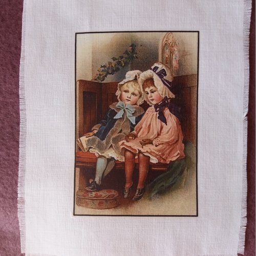 Transfert rétro enfants, 2 fillettes assises, créations textiles, customisation, collages, mixed-media, home-déco, loisirs créatifs