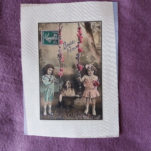 Transfert rétro enfants, chien et balançoire, créations textiles, customisation, collages, mixed-media, home-déco, loisirs créatifs