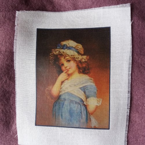 Customisation tex tile -transfert rétro enfant  fillette, robe bleue, créations textiles, collages, mixed-media, embellissements