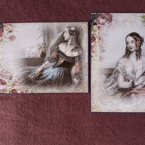 2 images femmes romantiques fleurs,  illustrations vintage, carterie, papeterie, home-déco, mixed-media