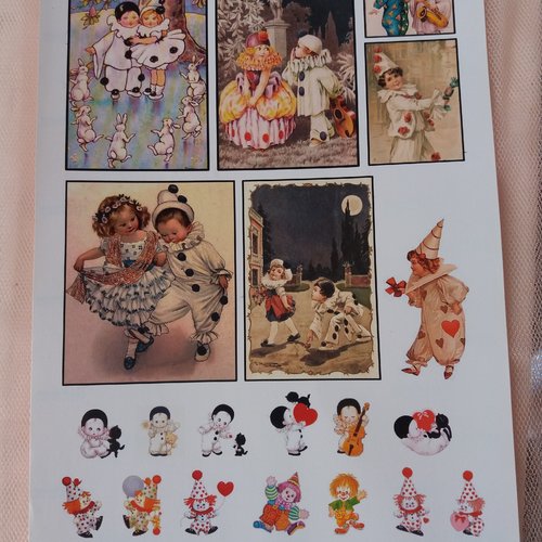 Stickers "pierrot et colombine", clowns,  à découper, pour scrapbooking, carterie, collages, mixed-media, home-déco, loisirs créatifs