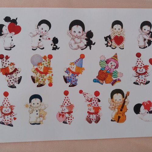 Stickers "enfants clowns, pierrots", à découper, pour scrapbooking, carterie, collages, mixed-media, home-déco, loisirs créatifs