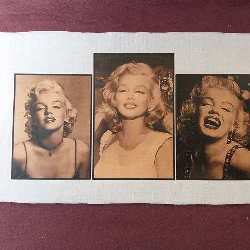 Customisation textile - triptyque marilyn monroe, créations textiles, collages, embellissements, home-déco, loisirs créatifs