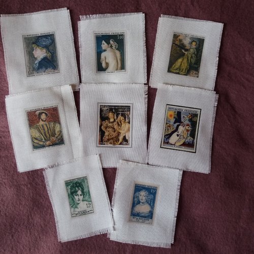 Transfert 8 timbres français anciens, créations textiles, customisation, collages, mixed-media, embellissements, loisirs créatifs