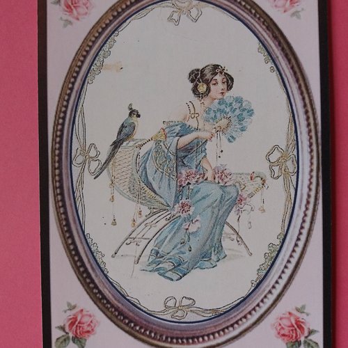 Sticker rétro jeune femme rétro robe bleue - carterie, collages, mixes-media, home-déco, tous loisirs créatifs