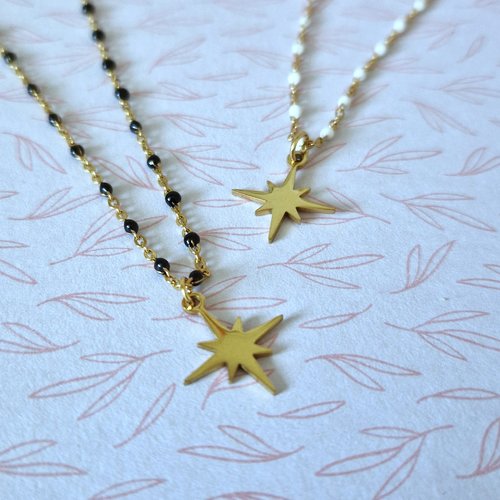 Collier femme doré perles résine pendentif étoile
