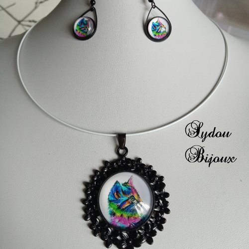 Très belle parure cabochon   image chat   a89